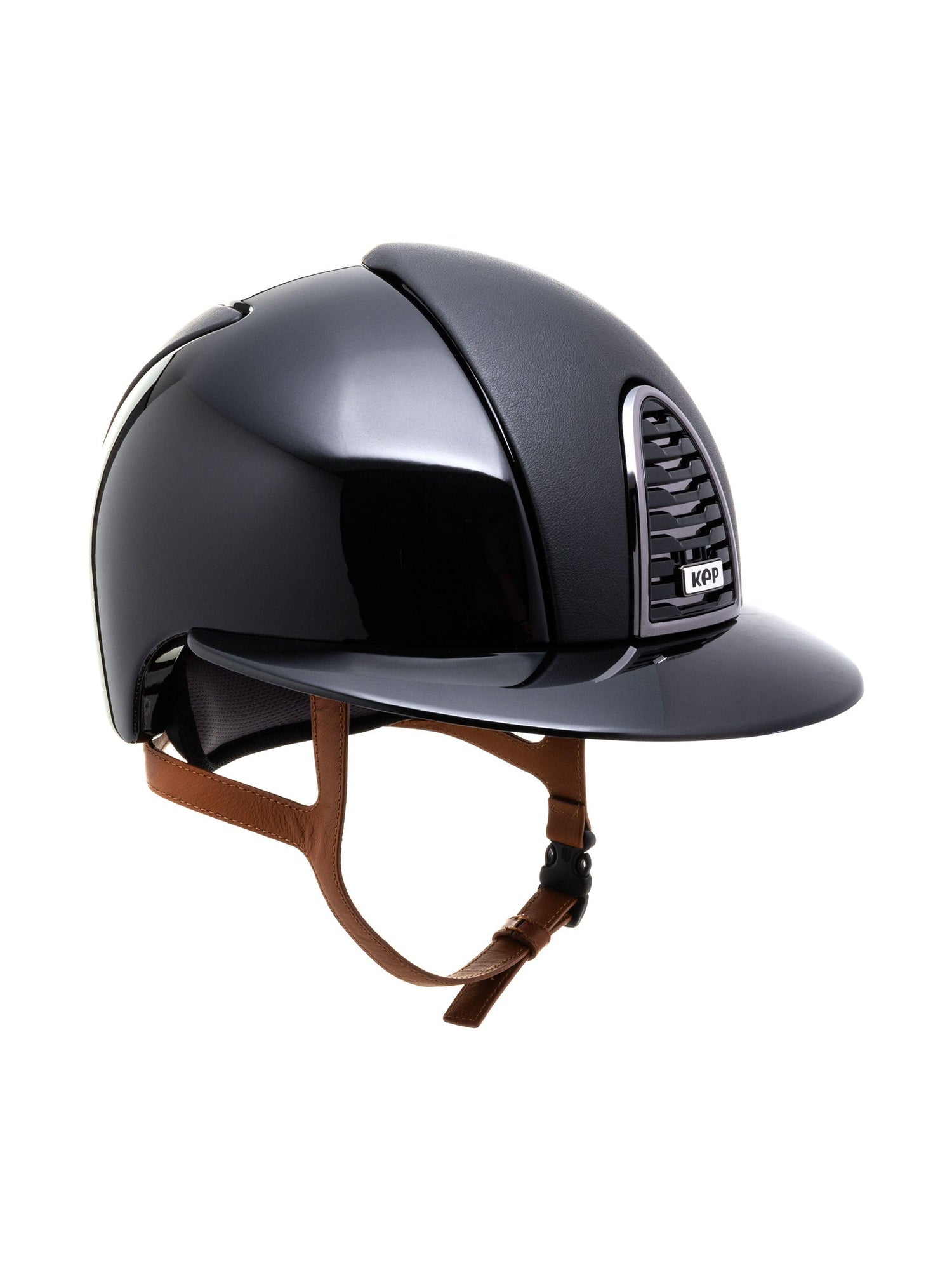 KEP ITALIA CROMO 2.0 POLISH KASK JEŹDZIECKI LEATHER FRONT BACK/POLISH POLO VISOR/BEIGE CHIN/MIRROR FRAME/SILVER LOGO CZARNY