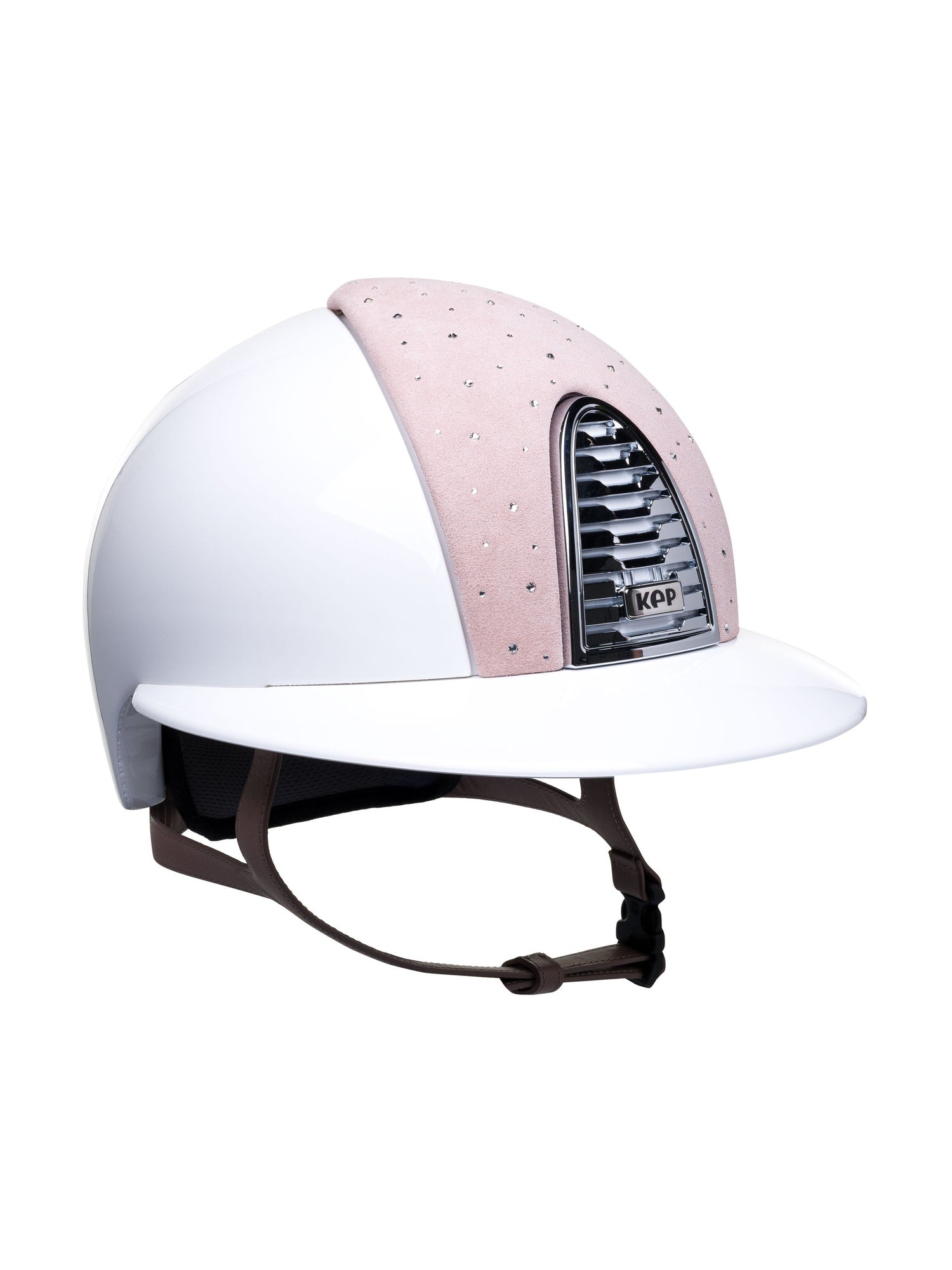 KEP ITALIA CROMO 2.0 POLISH KASK JEŹDZIECKI SUEDE POWDER DROP CRYSTAL/POWDER CHIN/MIRROR SLV BIAŁY