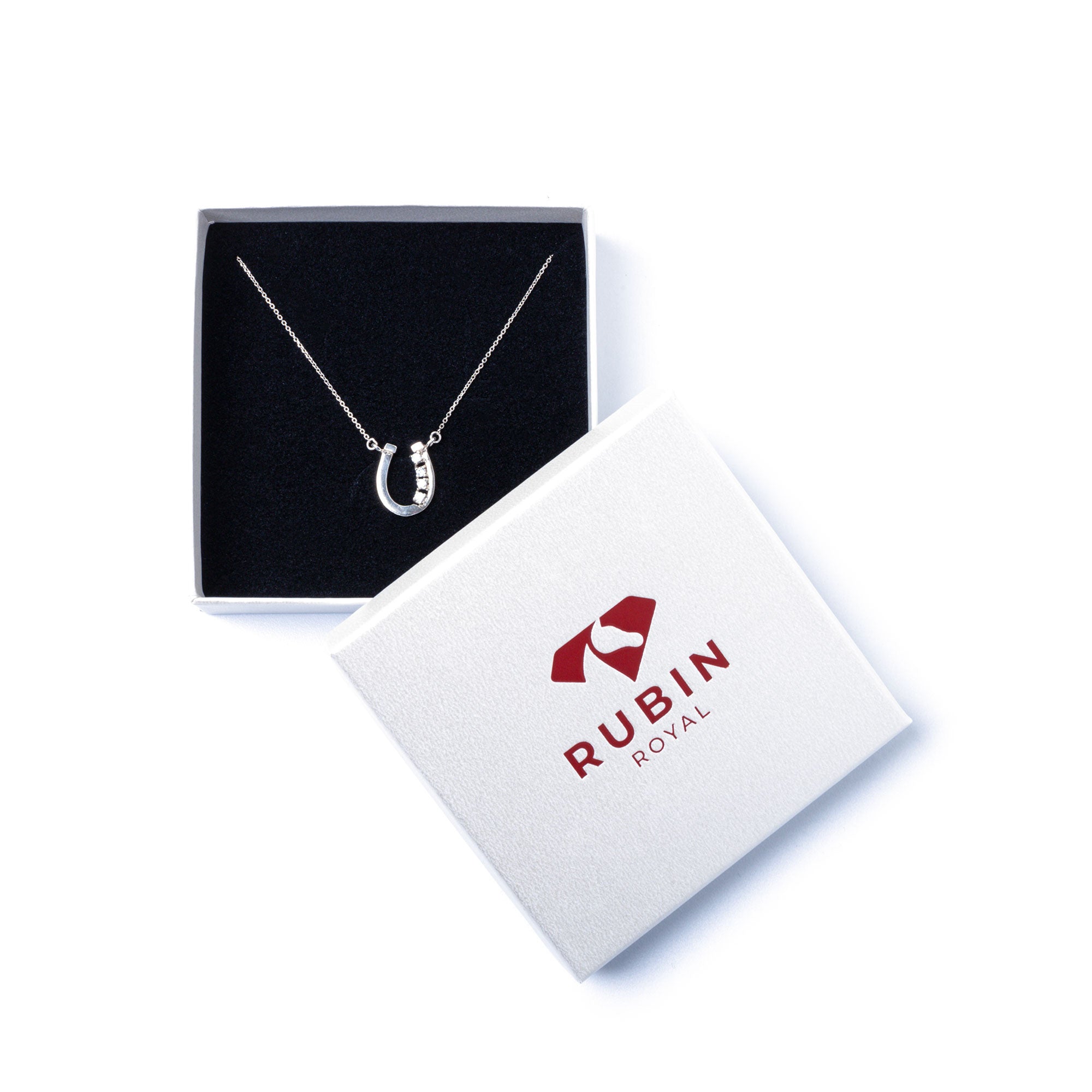 RUBIN ROYAL SREBRNY NASZYJNIK JEŹDZIECKI Z ZAWIESZKĄ PODKOWA KONIA Z CYRKONIAMI PRÓBA 925