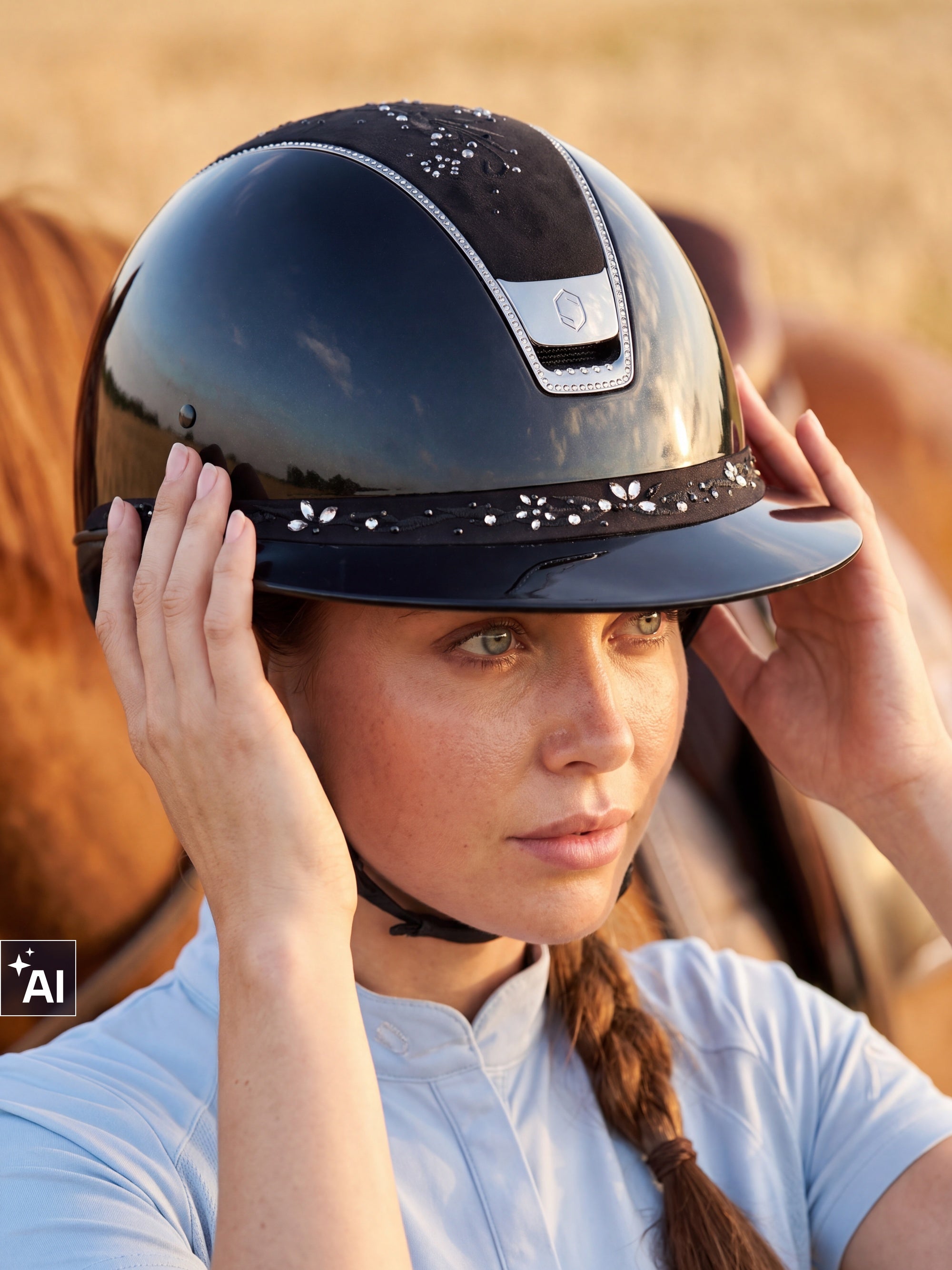 Jeźdźczyni poprawia kask Samshield Miss Shield 2.0 Glossy Flower Swaro - detal (AI)