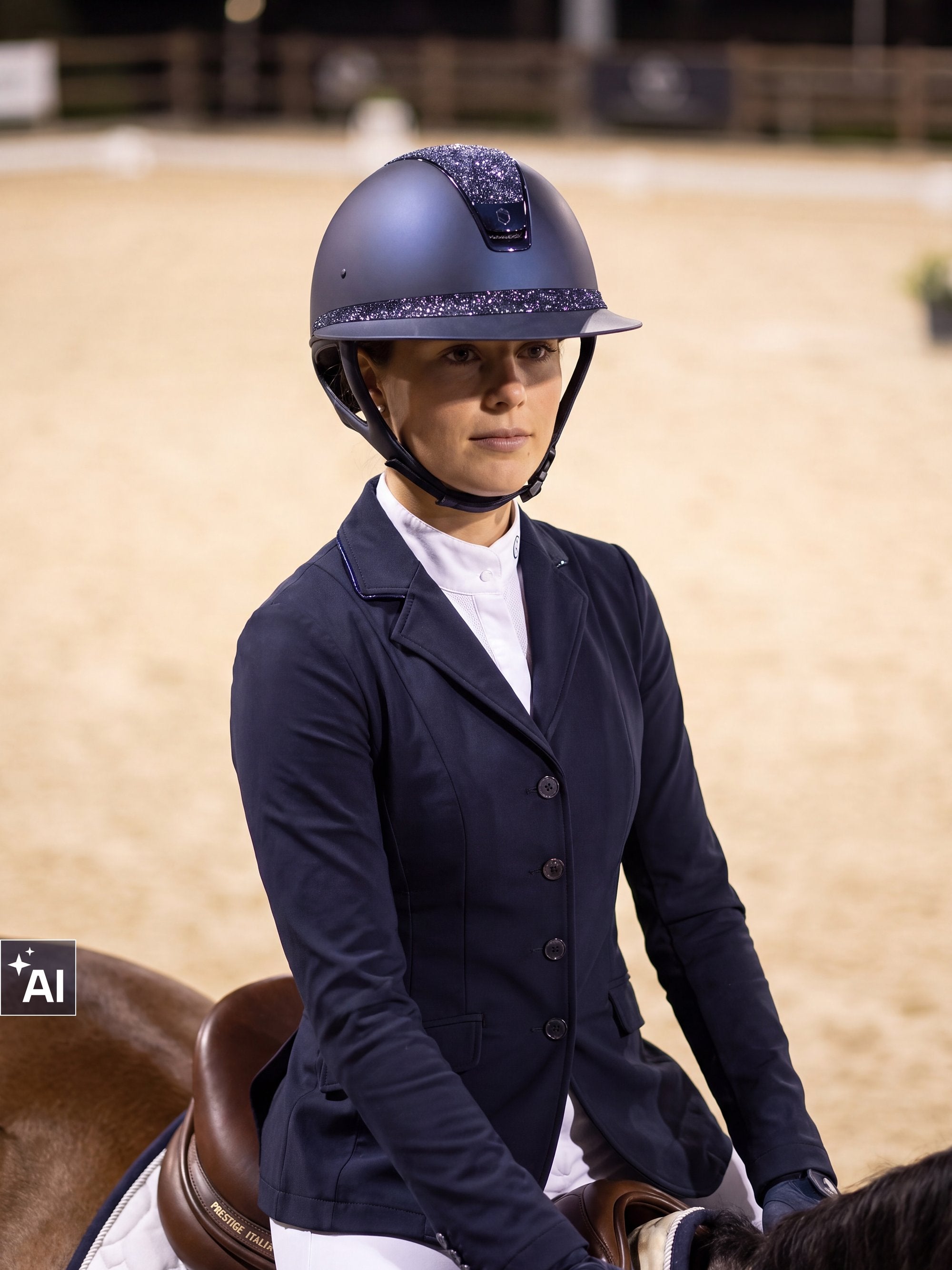 Rider wearing a navy Samshield Miss Shield 2.0 Cosmic Night helmet riding in the arena (AI)