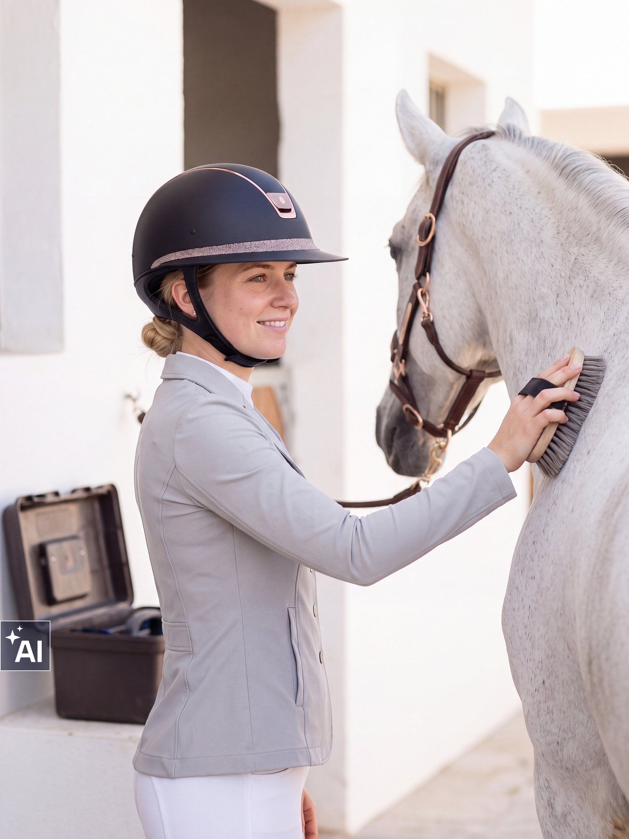 Rider wearing a Samshield Miss Shield 2.0 Rose Gold helmet grooming her grey horse (AI)