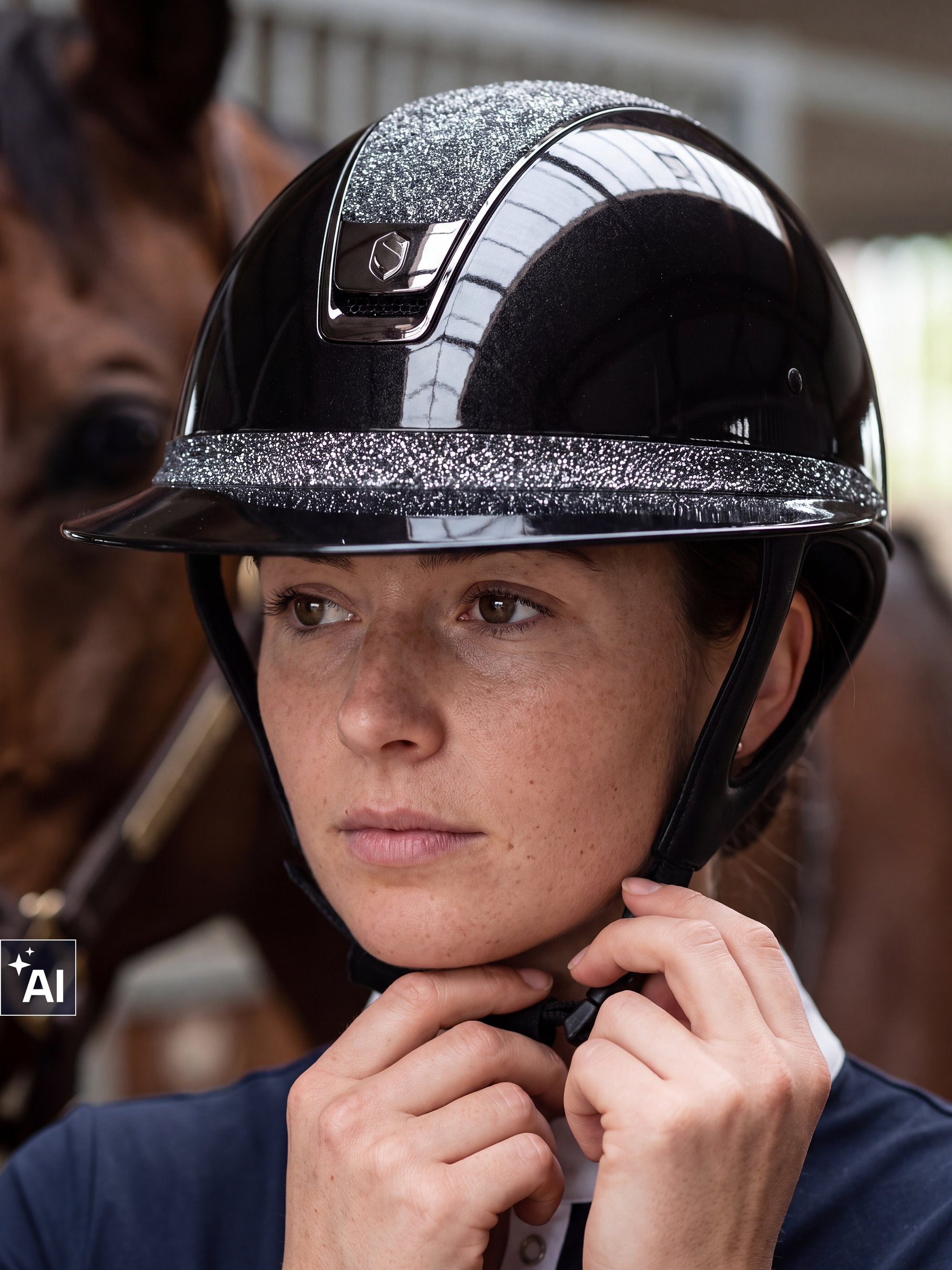Rider fastening a Samshield Miss Shield 2.0 Shadowglossy Night Shade helmet (AI)