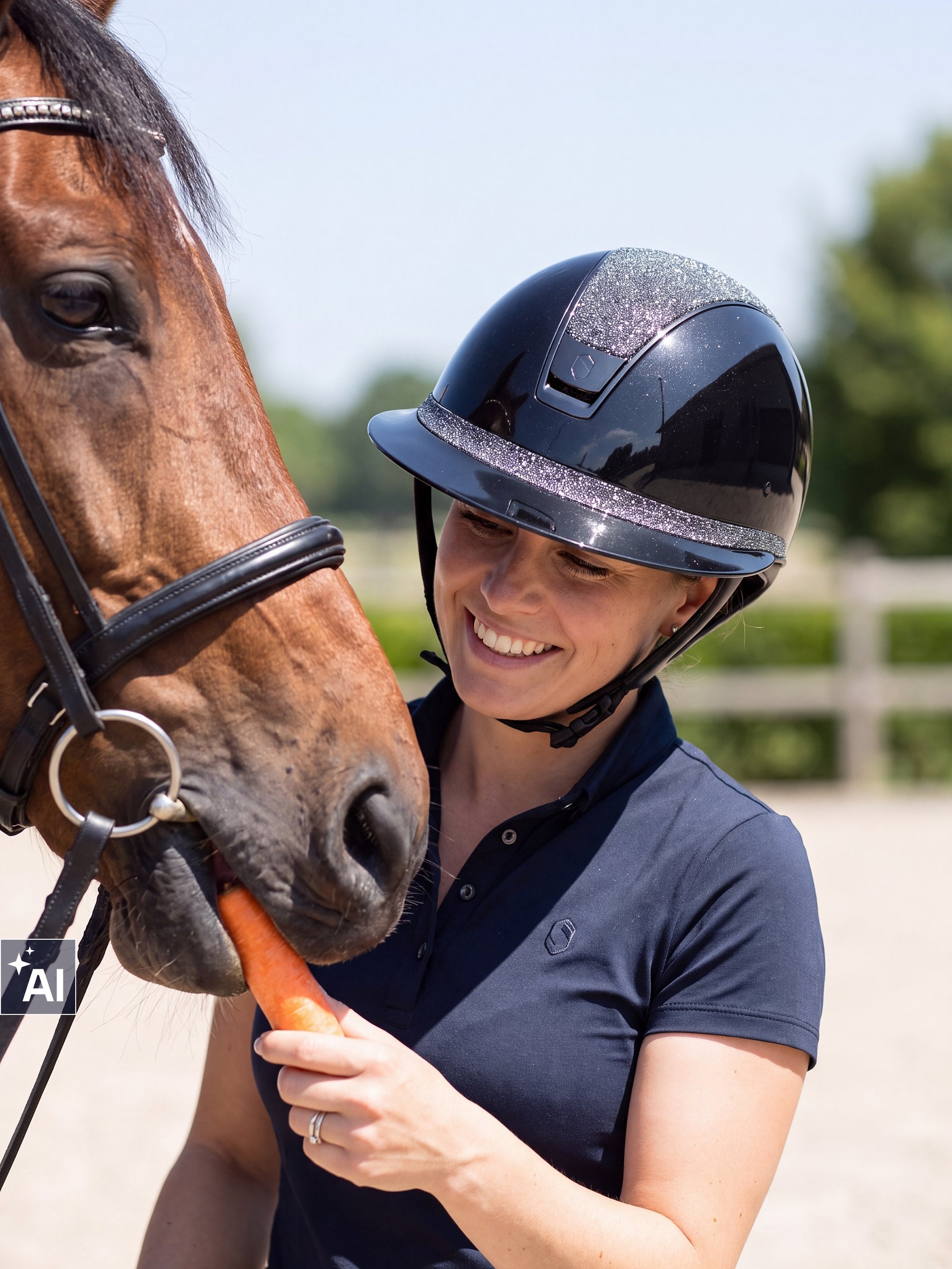 Rider wearing a Samshield Miss Shield 2.0 Shadowglossy Night Shade helmet feeding her horse a carrot (AI)
