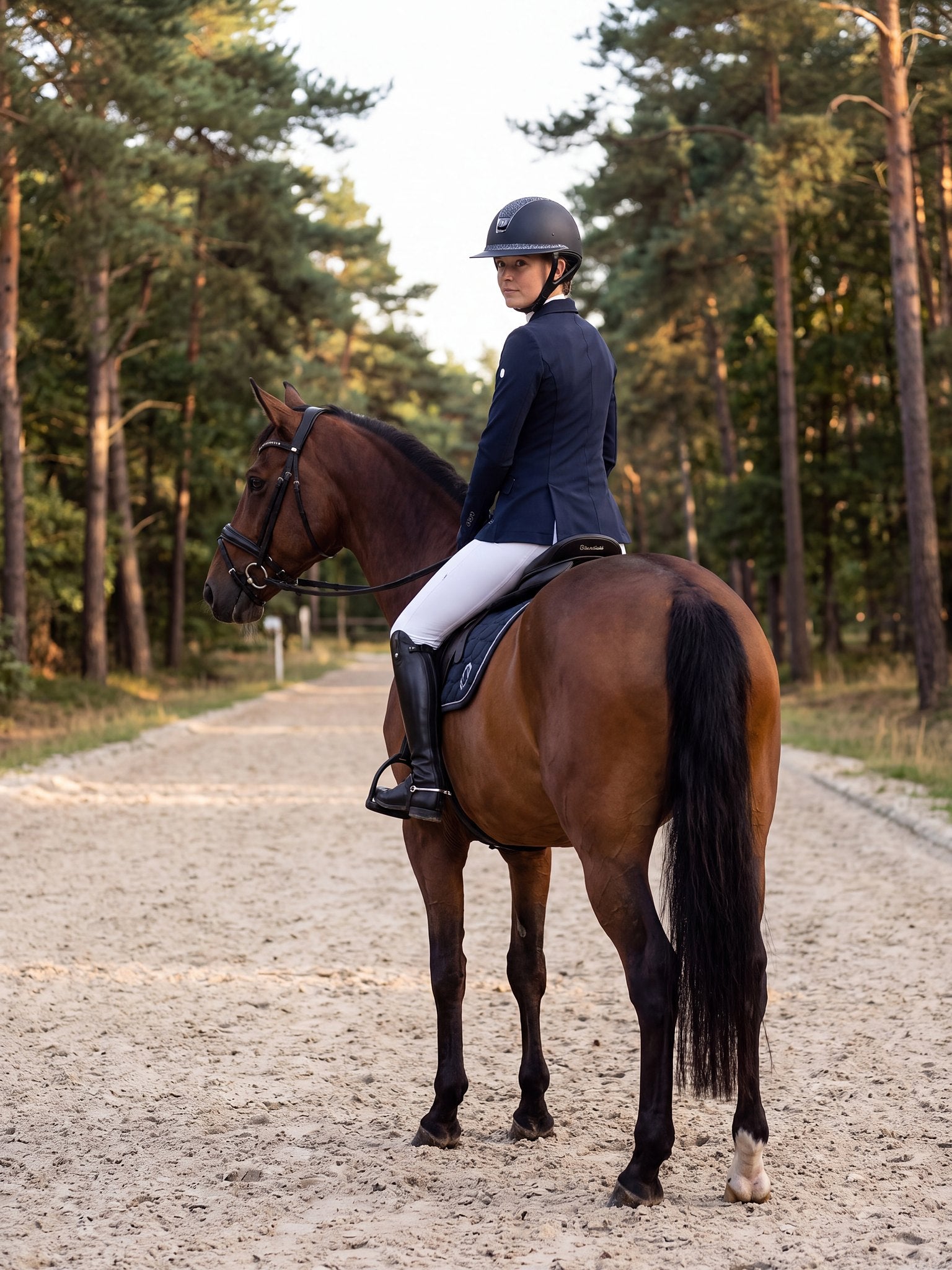 Rider wearing a Samshield Miss Shield 2.0 Shadowmatt Night Shade helmet on a hack along a forest track