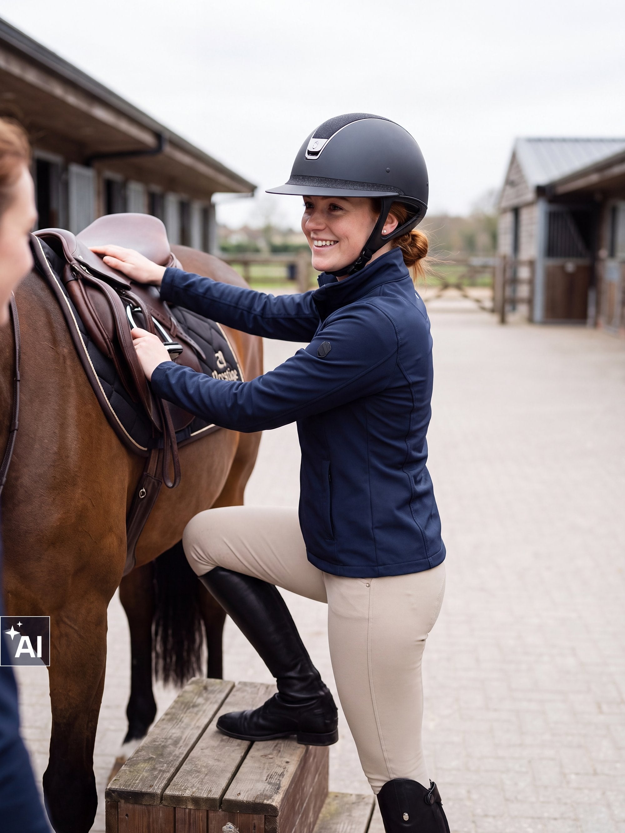 Rider wearing a Samshield Miss Shield 2.0 Shiny Crystal Fabric 5 Swaro helmet at the mounting block (AI)