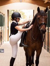 Rider wearing a Samshield Miss Shield 2.0 Shiny Crystal Fabric 5 Swaro helmet mounting her horse (AI)