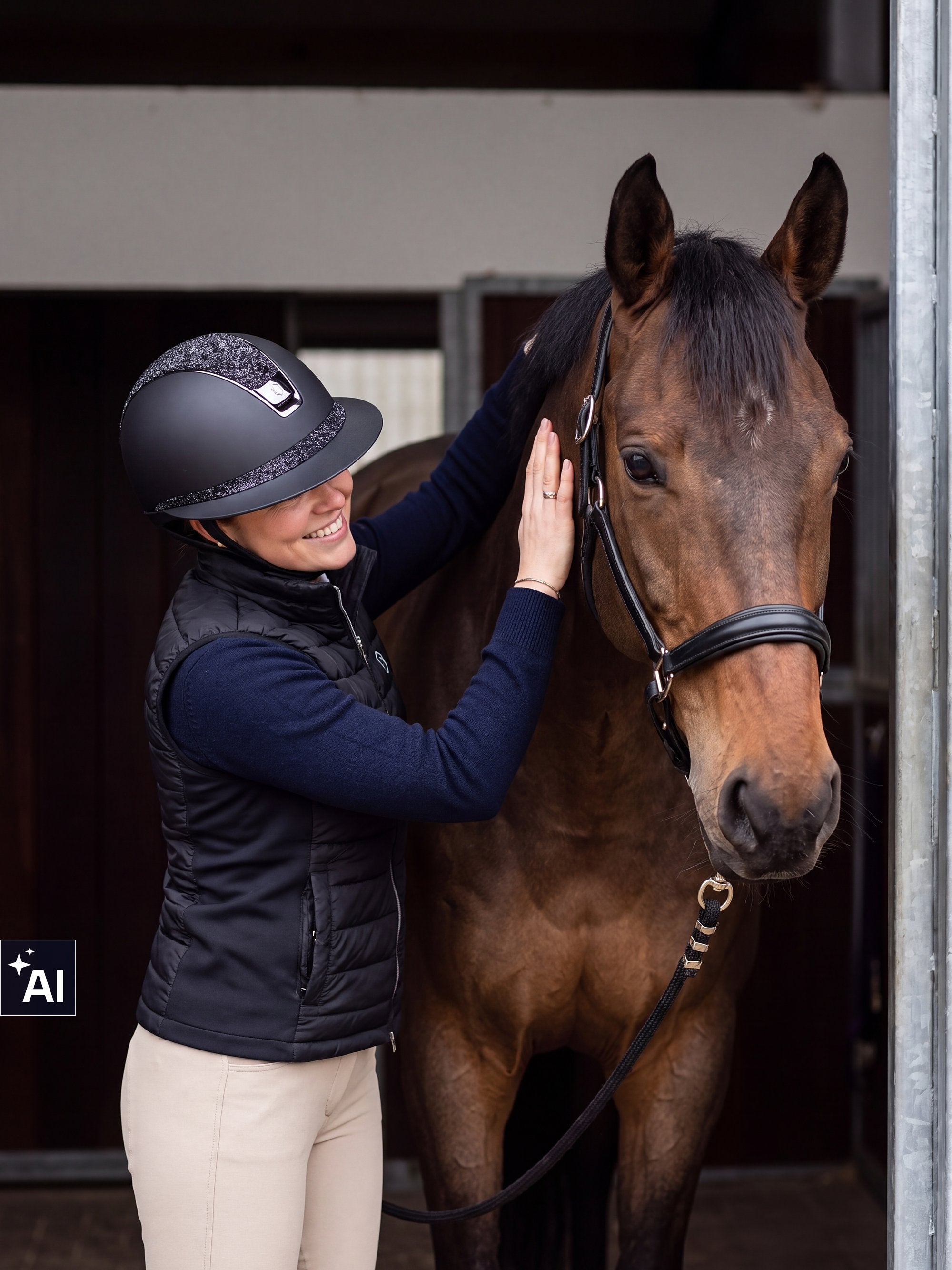 Rider wearing a Samshield Miss Shield 2.0 Sparkling Ultra Fine Rock helmet stroking her horse at the stable (AI)